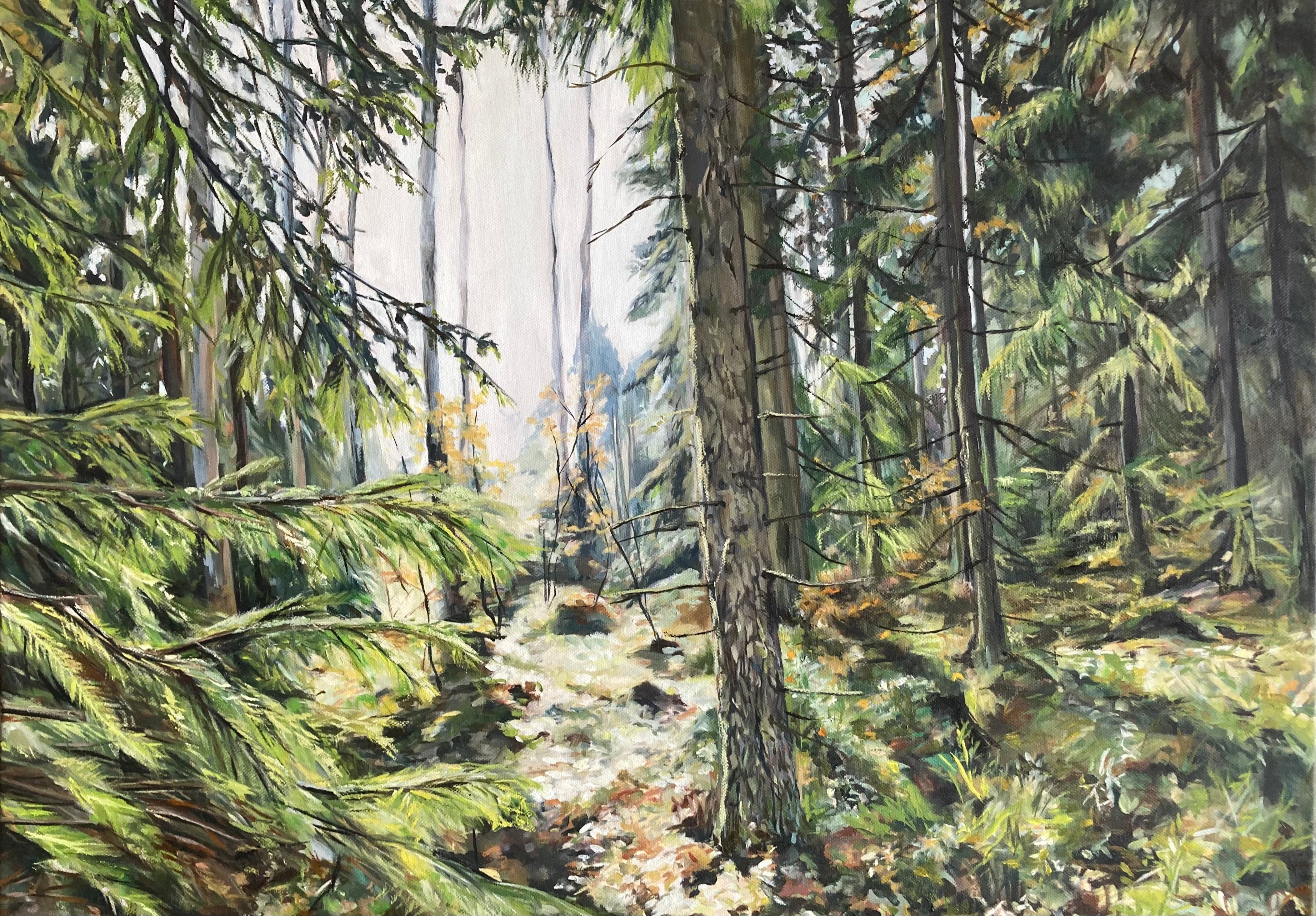 Painting of a forest scene with tall trees and dappled light