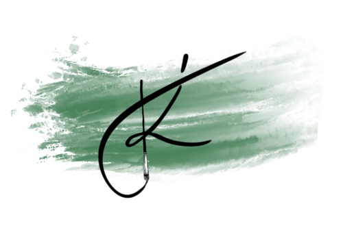 Green brushstroke design with a signature on a white background